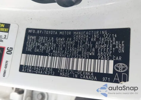 2015 Toyota Corolla Le from USA, damaged, VIN 2T1BURHE4FC325251